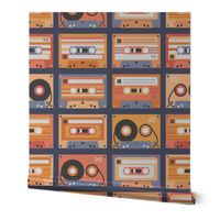 Vintage cassettes - retro music party  - blue and red - navy background - small scale