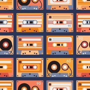 Vintage cassettes - retro music party  - blue and red - navy background - small scale