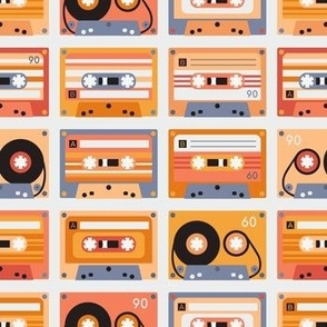 Vintage cassettes - retro music party  - blue and red  - light background - small scale