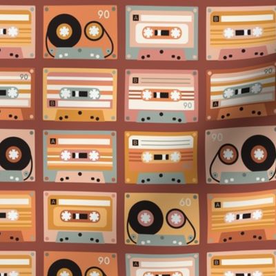 Vintage cassettes - retro music party  - pink  and orange  - burgundy background - small scale