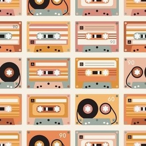Vintage cassettes - retro music party  - pink  and orange  - light background - small scale
