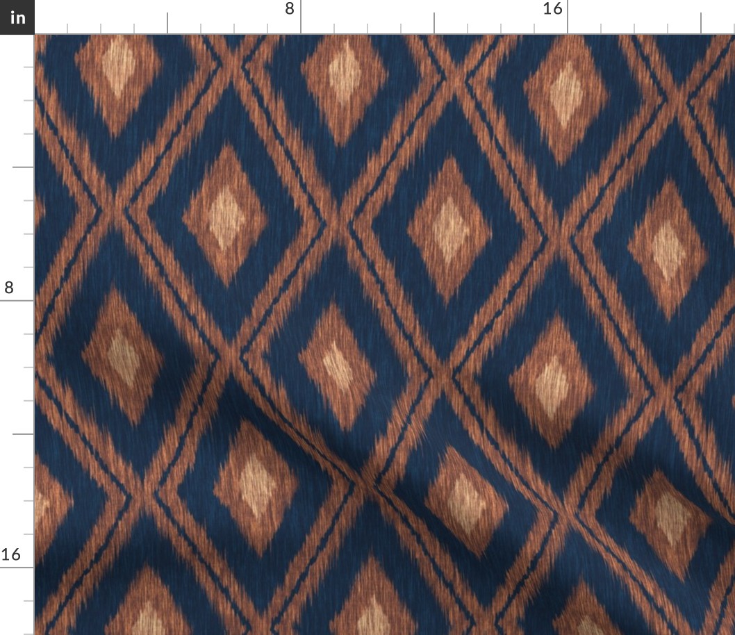 Abstract geometric ikat pattern. Brown and dark blue.