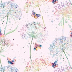 Queen Anne’s Blossoms and Moths  - Pale Pink  Wallpaper 