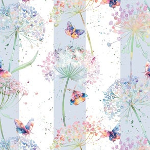 Queen Anne’s Blossoms and Moths  - Pale Blue/White Stripes Wallpaper 
