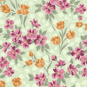 tulips and dogwood - orange and fuschia flowers on green - large scale