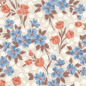tulips and dogwood - orange and blue flowers on gray - large scale 