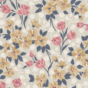 tulips and dogwood - pink and yellow flowers on gray - large scale 