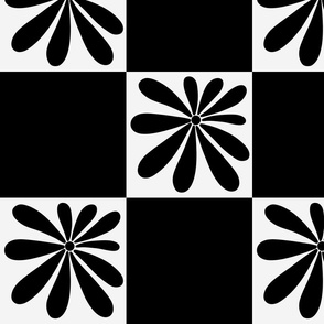 Retro Flower Checker white, black, silver, gold Large