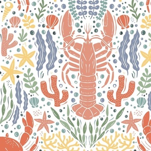 Crustacean Sea Party - crabs, lobsters, starfish, coral, shells - light - large