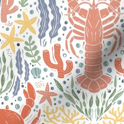 Crustacean Sea Party - crabs, lobsters, starfish, coral, shells - light - medium