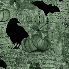 Large24” repeat mixed media vintage handwriting, book paper and hand drawn lace with crows, bats, pumpkins and flowers with faux burlap woven texture on celadon sage green hues