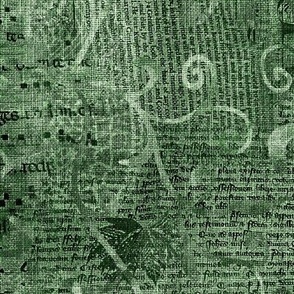 Large24” repeat mixed media vintage handwriting, book paper and hand drawn lace faux burlap woven texture in Celadon sage green hues