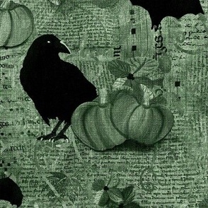 Medium 12” repeat mixed media vintage handwriting, book paper and hand drawn lace with crows, bats, pumpkins and flowers with faux burlap woven texture on celadon sage green hues