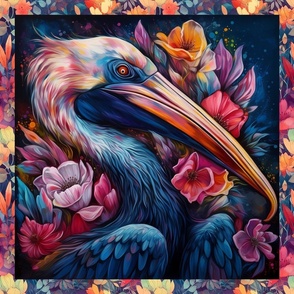 PANEL 1 COLORFUL PAINTED PELICAN HEAD FLORAL FLWRHT