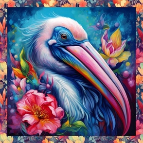 PANEL 2 COLORFUL PAINTED PELICAN HEAD FLORAL FLWRHT
