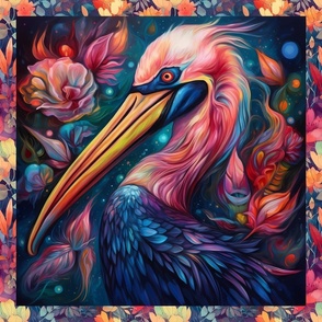 PANEL 3 COLORFUL PAINTED PELICAN HEAD FLORAL FLWRHT