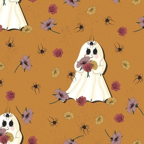 Cottage core Halloween Cute Ghost with Black Widow Spiders and Flowers in Orange Yellow Pink and Black on Orange background with Texture perfect for Halloween Home Decor and Parties