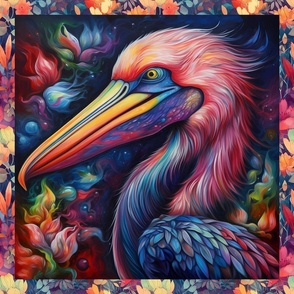 PANEL 4 COLORFUL PAINTED PELICAN HEAD FLORAL FLWRHT