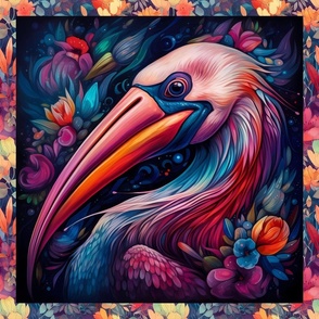 PANEL 5 COLORFUL PAINTED PELICAN HEAD FLORAL FLWRHT