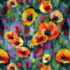 Watercolor Poppies - Orange Red Poppy Floral Pattern