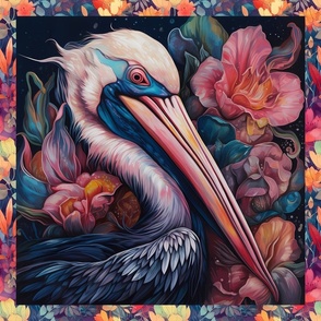PANEL 6 COLORFUL PAINTED PELICAN HEAD FLORAL FLWRHT