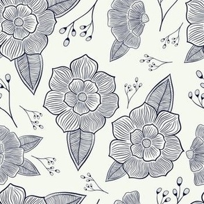 Boho Blossoms - Indigo Lines - Medium Print