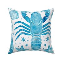 crustacean core watercolor large - caribbean blue lobster with seashell and starfish on white - blue coastal wallpaper