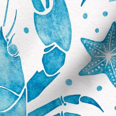 crustacean core watercolor large - caribbean blue lobster with seashell and starfish on white - blue coastal wallpaper