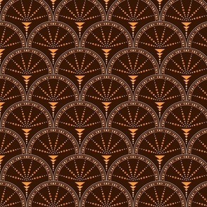 Vintage Glamour Art Deco - Arches with triangles and circles - Orange and White on Brown BG