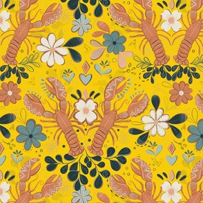 Lobster botanical jungle - yellow background, medium 