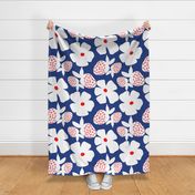 Big Poppy Strawberry Red White Blue Flower And Fruit Large Silhouettte Cheerful Bright Mid-Century Modern Retro Scandi Swedish Navy Summer Garden Party Pool And Patio Repeat Minimalist Nature Wildflower Cosmos Ditzy Floral Meadow Pattern