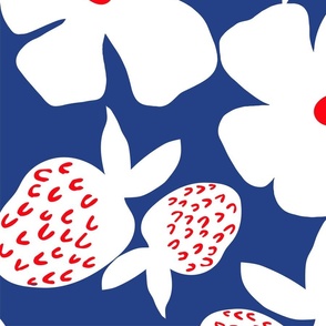 Big Poppy Strawberry Red White Blue Flower And Fruit Large Silhouettte Cheerful Bright Mid-Century Modern Retro Scandi Swedish Navy Summer Garden Party Pool And Patio Repeat Minimalist Nature Wildflower Cosmos Ditzy Floral Meadow Pattern