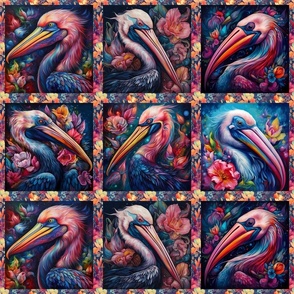 6"  checkerboard 6 COLORFUL PELICANS PANEL PAINTED PELICAN HEAD BIRD FLORAL FLWRHT