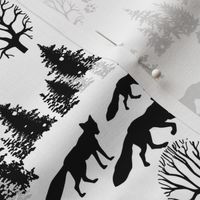 Seamless pattern with silhouettes of fox and trees
