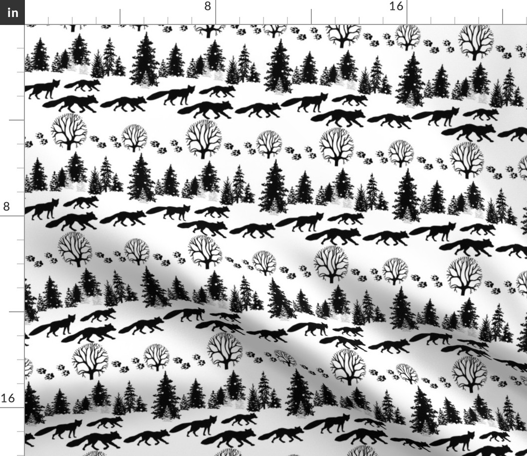 Seamless pattern with silhouettes of fox and trees