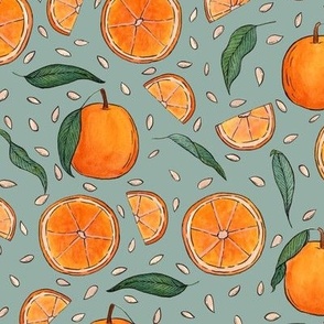 Tropical Oranges on Blue-Green Background
