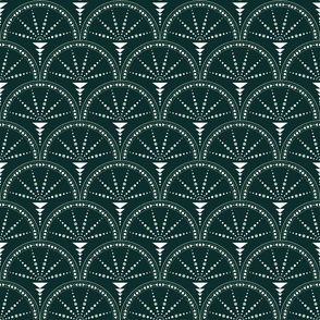 Vintage Glamour Art Deco - Arches with triangles and circles - White on Emerald BG