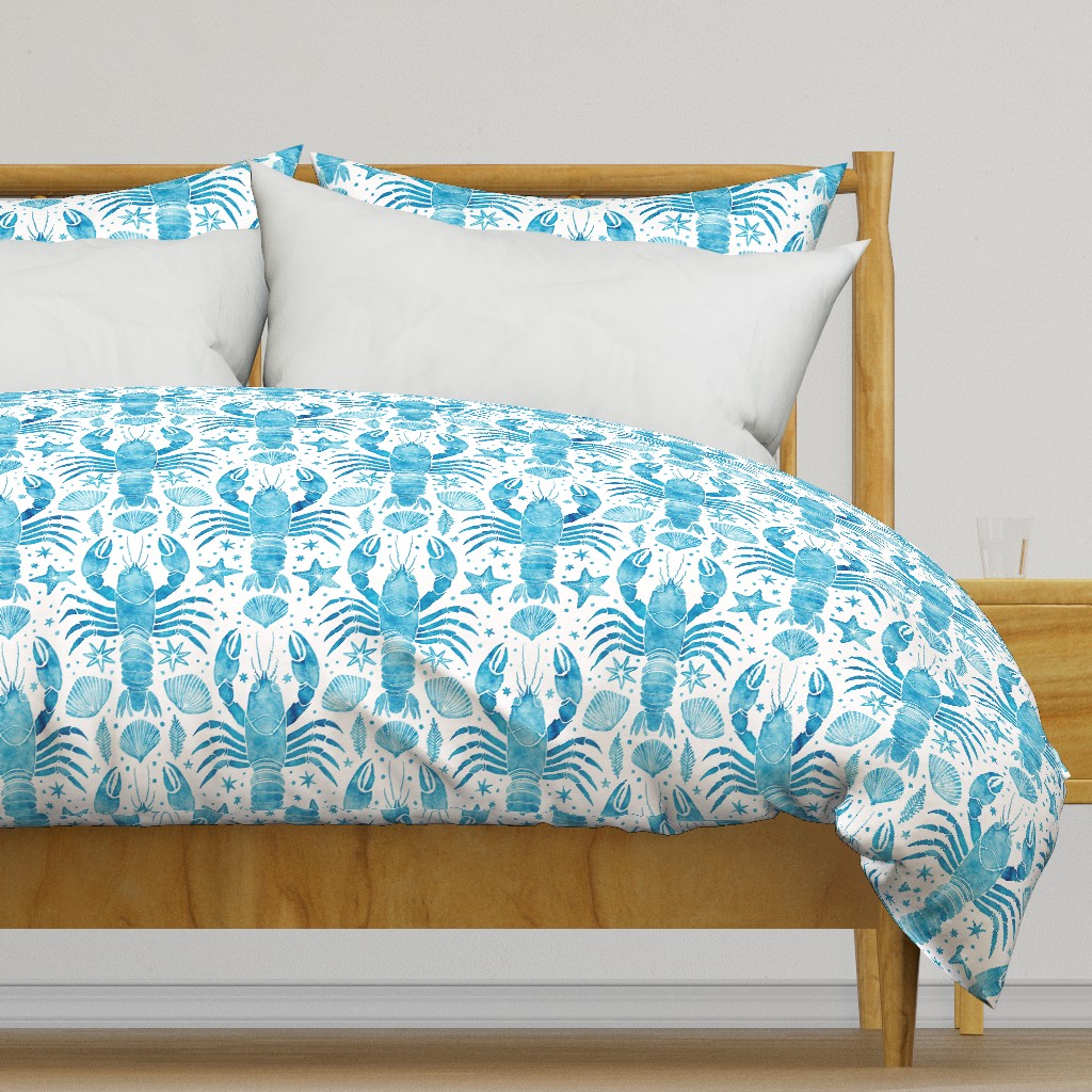 crustacean core watercolor - caribbean blue lobster with seashell and starfish on white - blue coastal wallpaper