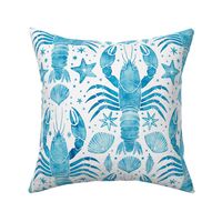 crustacean core watercolor - caribbean blue lobster with seashell and starfish on white - blue coastal wallpaper