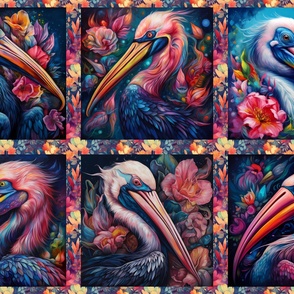 LARGE YARD CHECKERBOARD 6 COLORFUL PELICANS PANEL PAINTED PELICAN HEAD BIRD FLORAL FLWRHT