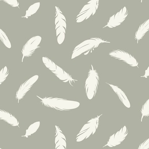 Bird Feathers // Medium Scale // Ivory and Sage Green Boho Pattern