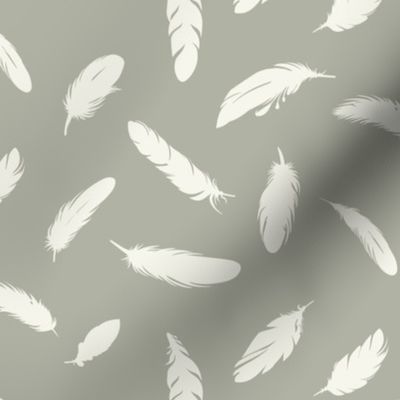 Bird Feathers // Small Scale // Ivory and Sage Green Boho Pattern