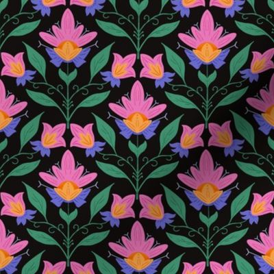 Scandi Folk Flowers on Midnight Black - Modern Geometric Summer Floral - Embroidery Botanical Block Print - Farmhouse Cottage Garden