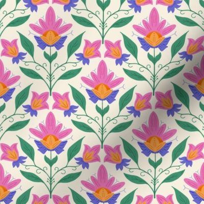 Scandi Folk Flowers on Creamy White - Modern Geometric Summer Floral - Embroidery Botanical Block Print - Farmhouse Cottage Garden