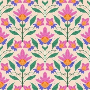 Scandi Folk Flowers on Vanilla Cream - Modern Geometric Summer Floral - Embroidery Botanical Block Print - Farmhouse Cottage Garden