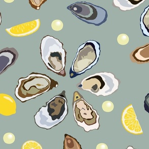 Half a dozen Oysters with lemons and pearls – pale green background – Extra large (XL) Scale – hues reminiscent of the ocean's depths exude an aura of sophistication and maritime elegance with a sense of luxury and sophistication for textiles and wallpape