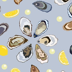 Half a dozen Oysters with lemons and pearls – light blue background – Extra large (XL) Scale – hues reminiscent of the ocean's depths exude an aura of sophistication and maritime elegance with a sense of luxury and sophistication for textiles and wallpape