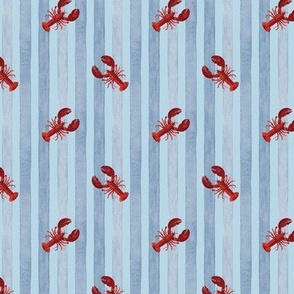 Red Lobster against  Blue Stripes on Light Blue, Watercolor Hand Pained, Ditsy , S