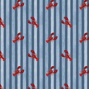 Red Lobster against Blue Stripes on Dusty Blue, Watercolor Hand Pained, Ditsy , S