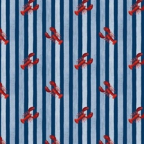 Red Lobster against  Blue Stripes on Navy, Watercolor Hand Pained, Ditsy , S